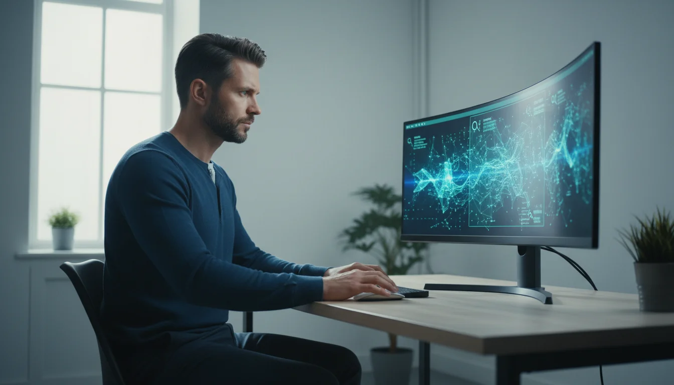 A search specialist analyzing complex AEO and SEO data on a curved monitor